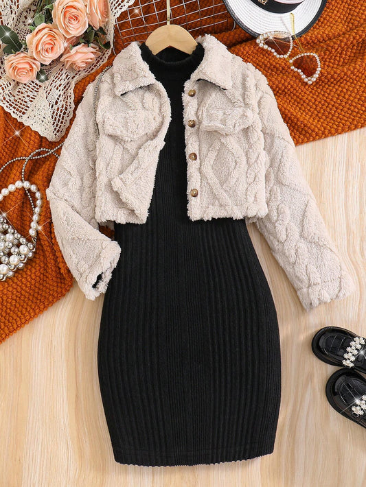 Warm Plush Coat + Mid-Neck Knitted Brushed A-Line Skirt Apricot
