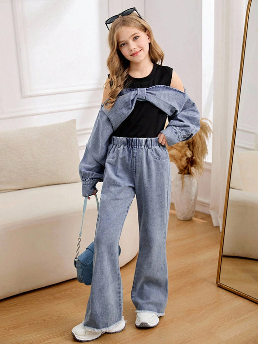 Black Cropped Camisole With Denim Patchwork,Off-Shoulder Bowknot Flare Jeans Set