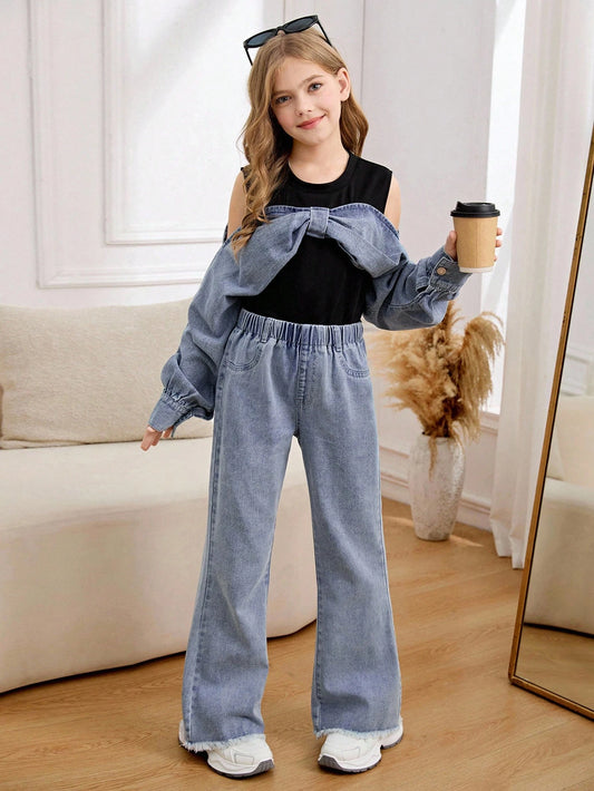 Cropped Camisole With Denim Patchwork, Off-Shoulder Bowknot Design & High Waist Flare Jeans Set