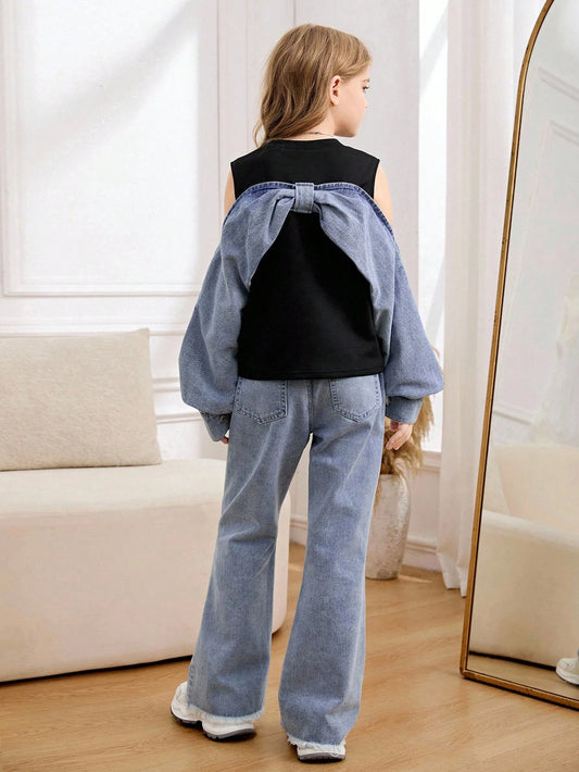 Cropped Camisole With Denim Patchwork, Off-Shoulder Bowknot Design & High Waist Flare Jeans Set