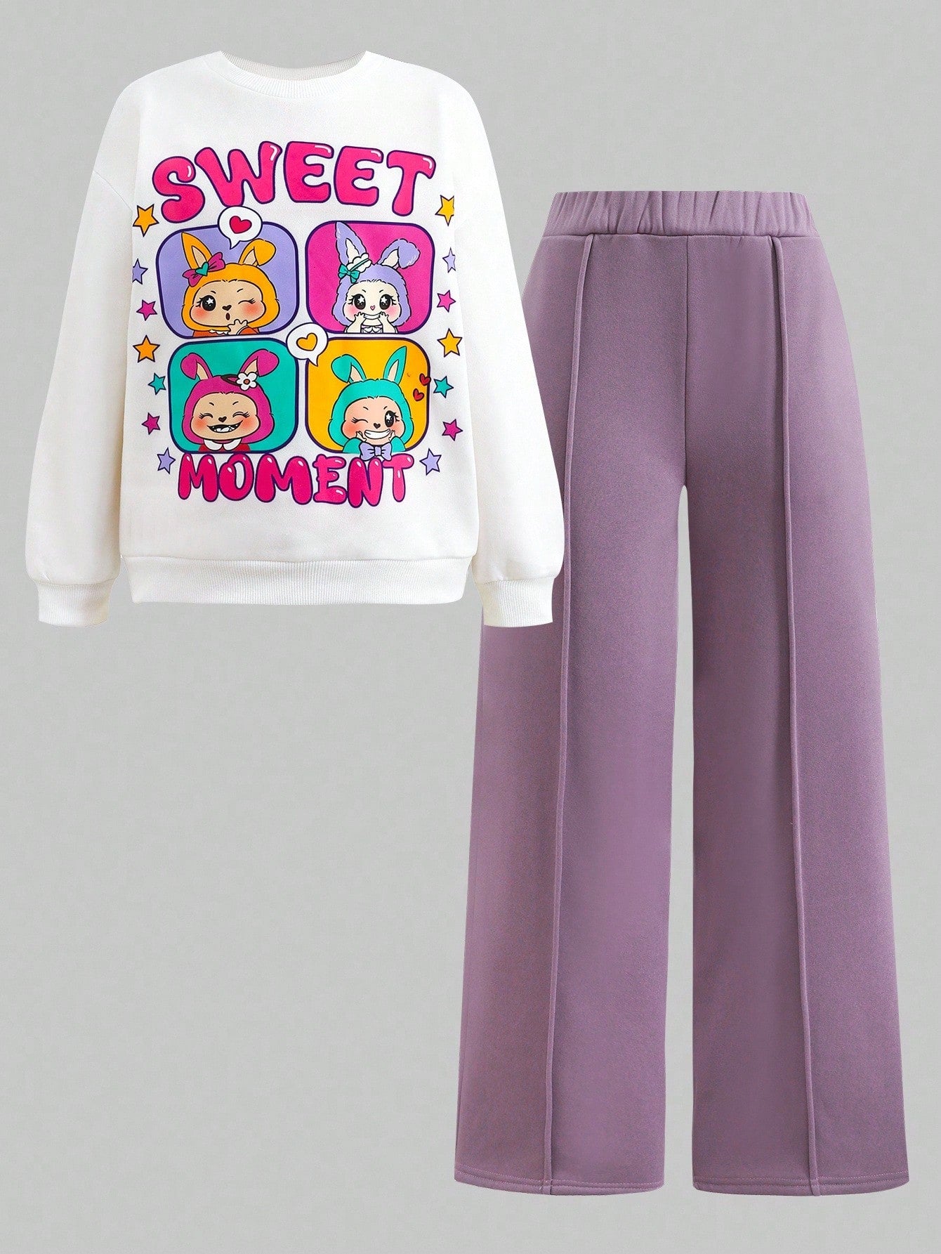 Tween Girl Loose Casual Minimalist Comfortable Crew Neck Sweatshirt And Pants