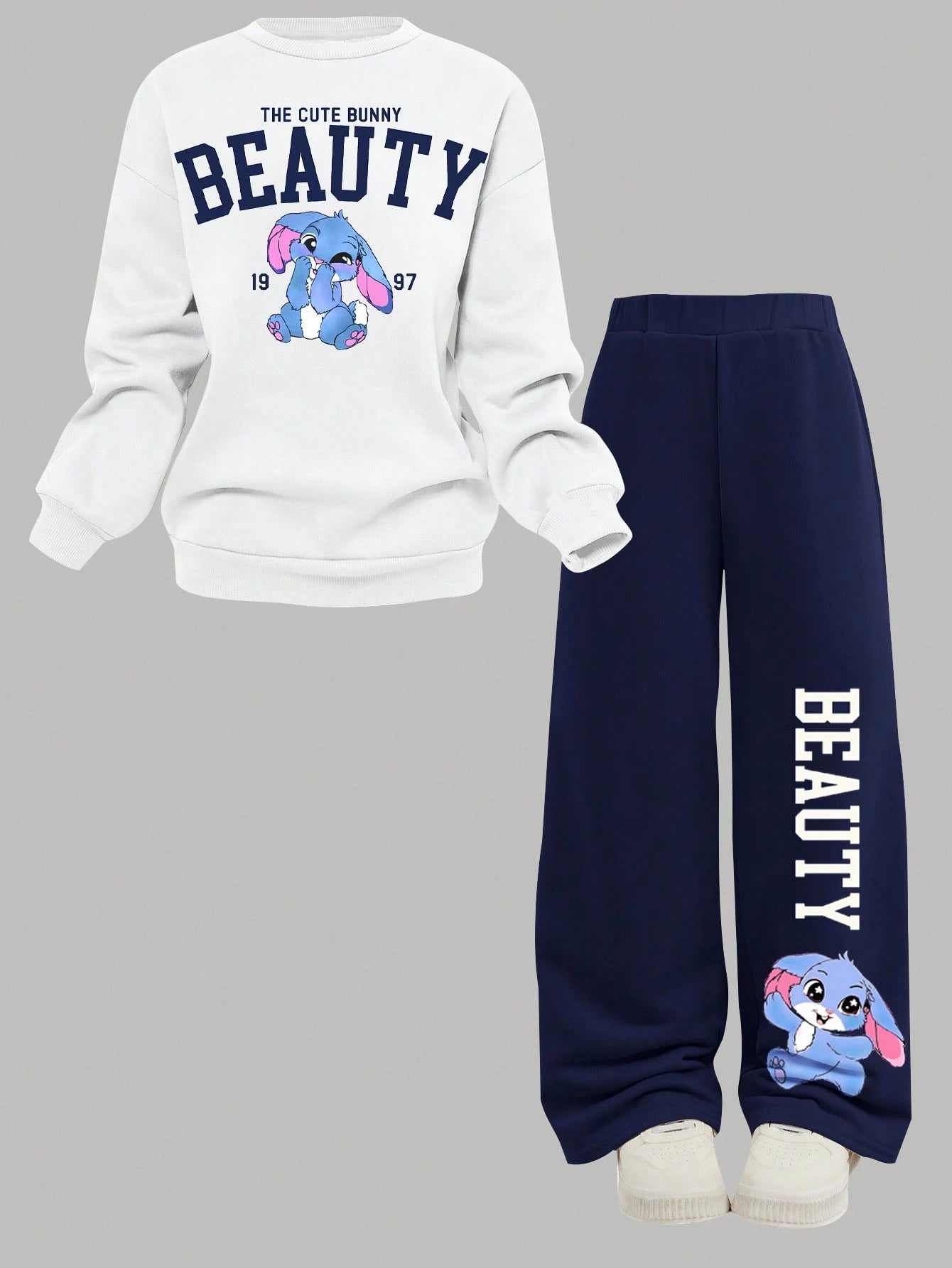 Tween Girl Loose Casual Minimalist Comfortable Crew Neck Sweatshirt And Pants Blue