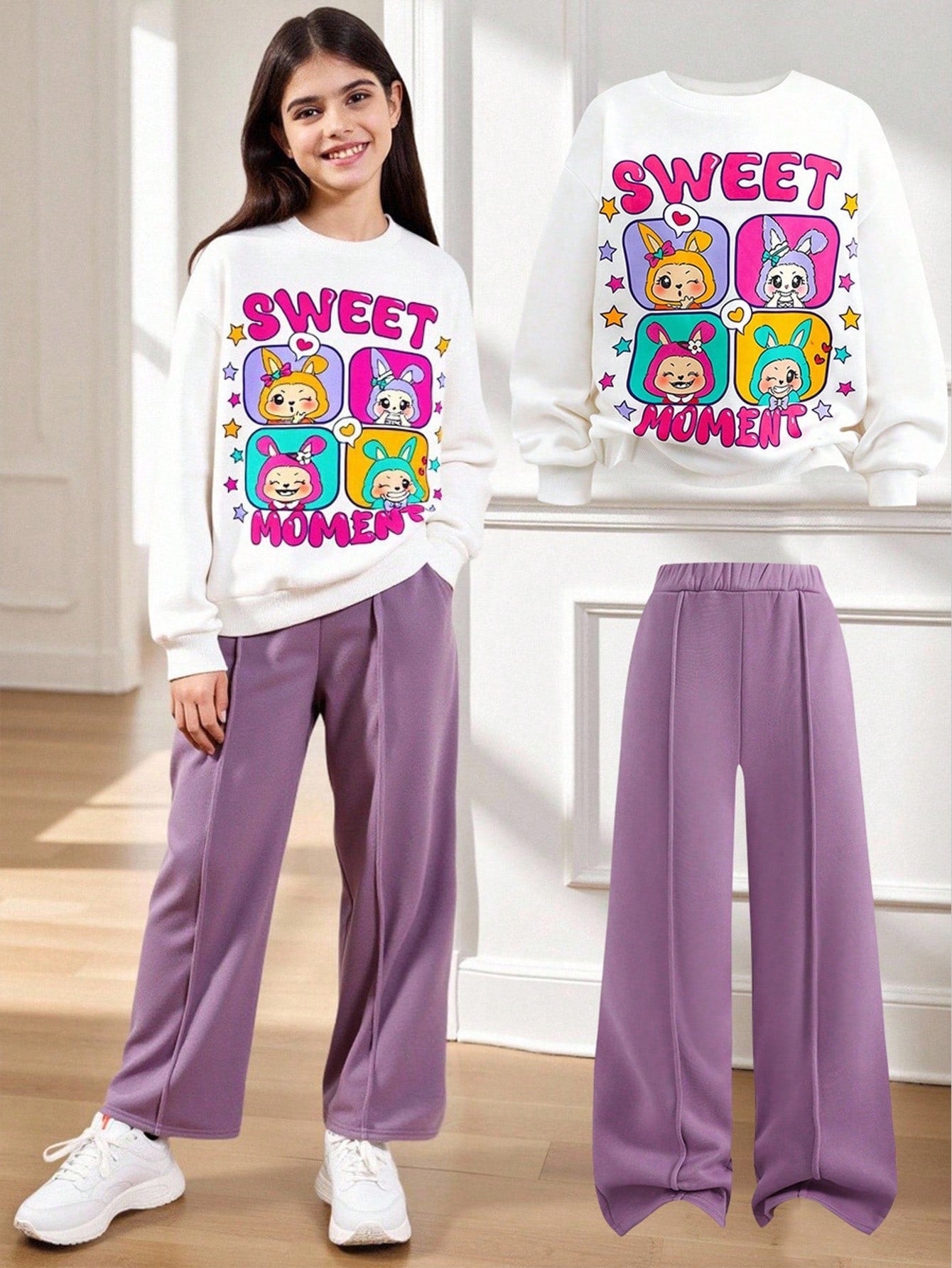 Tween Girl Loose Casual Minimalist Comfortable Crew Neck Sweatshirt And Pants Purple