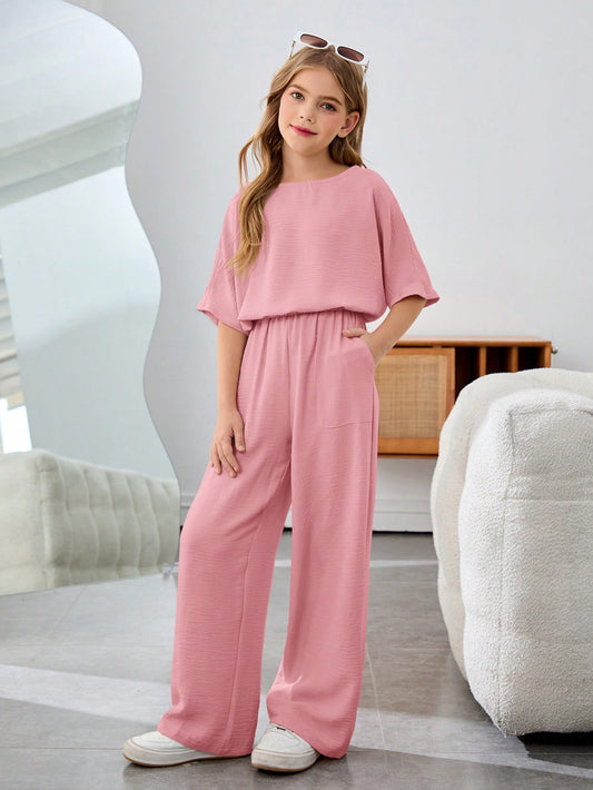 Tween Girl Vacation Casual Solid Color Round Neck Short Sleeve 2Pcs Set