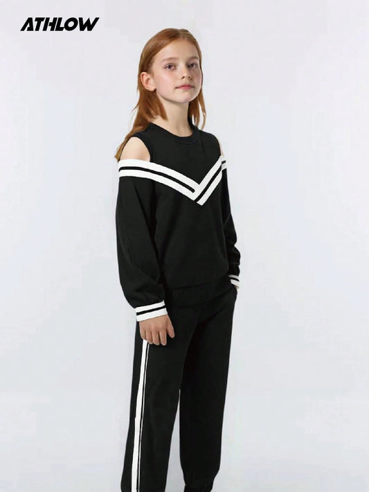 Tween Girls' Color Block Striped Off Shoulder Sweatshirt And Sweatpants Black