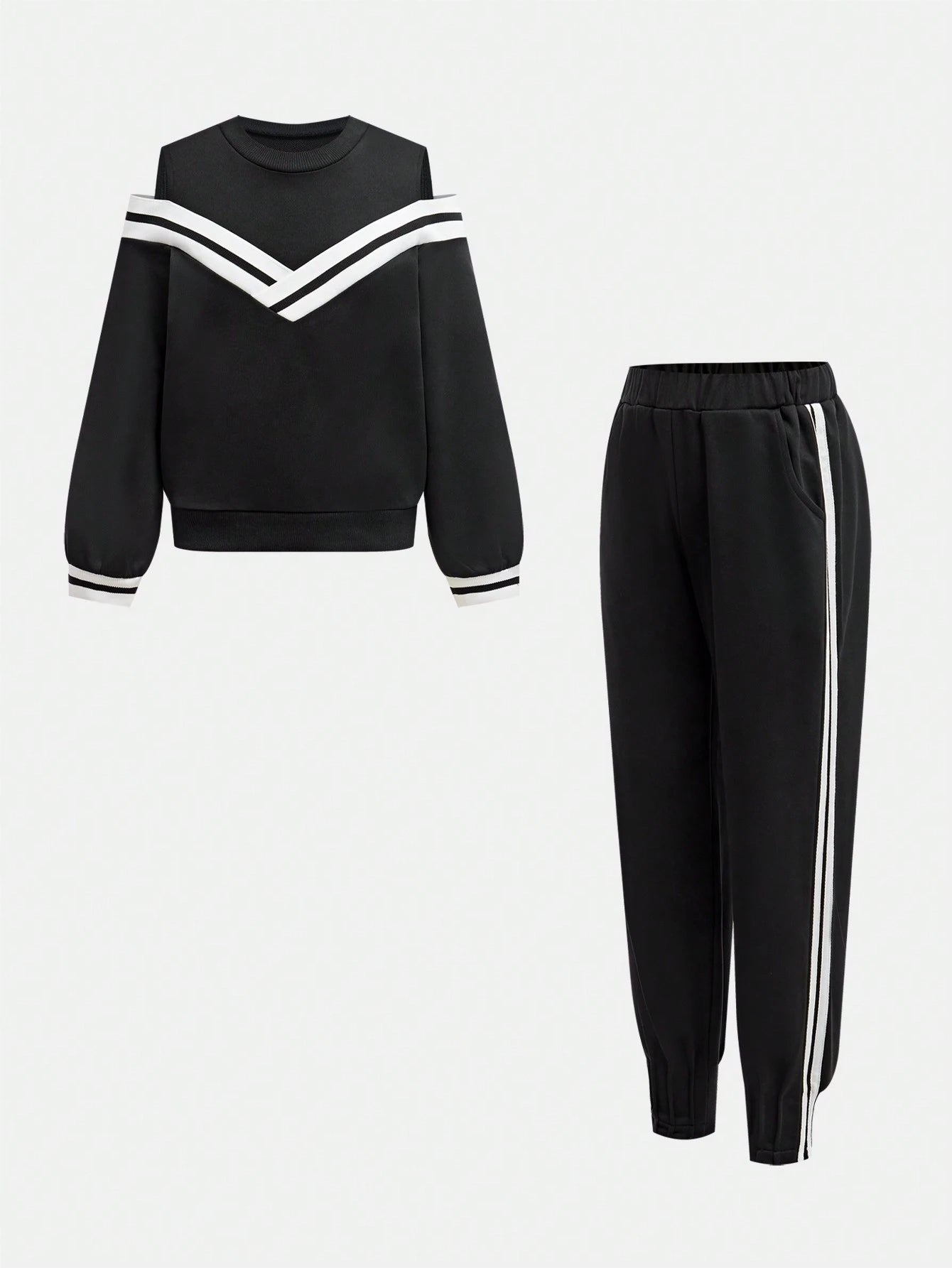Tween Girls' Color Block Striped Off Shoulder Sweatshirt And Sweatpants
