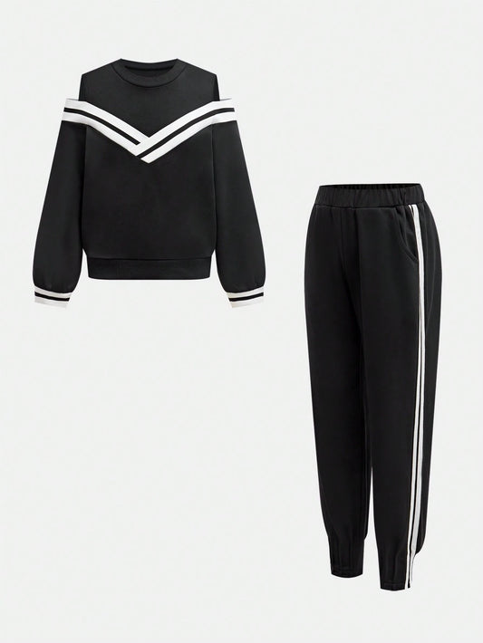 Tween Girls' Color Block Striped Off Shoulder Sweatshirt And Sweatpants