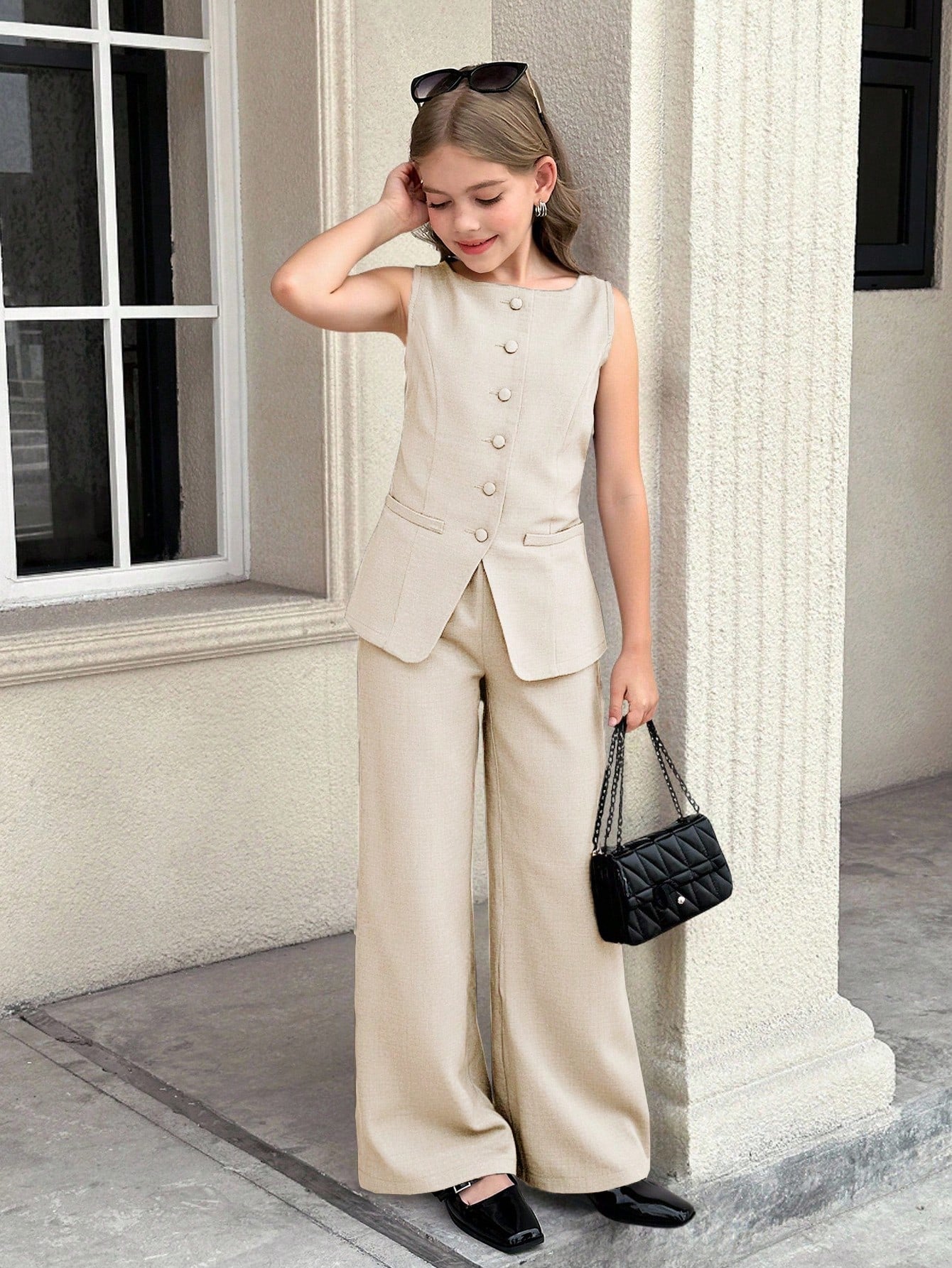 Striped Cropped Round Neck Sleeveless Button Front Vest Top And Straight Leg Pants Beige