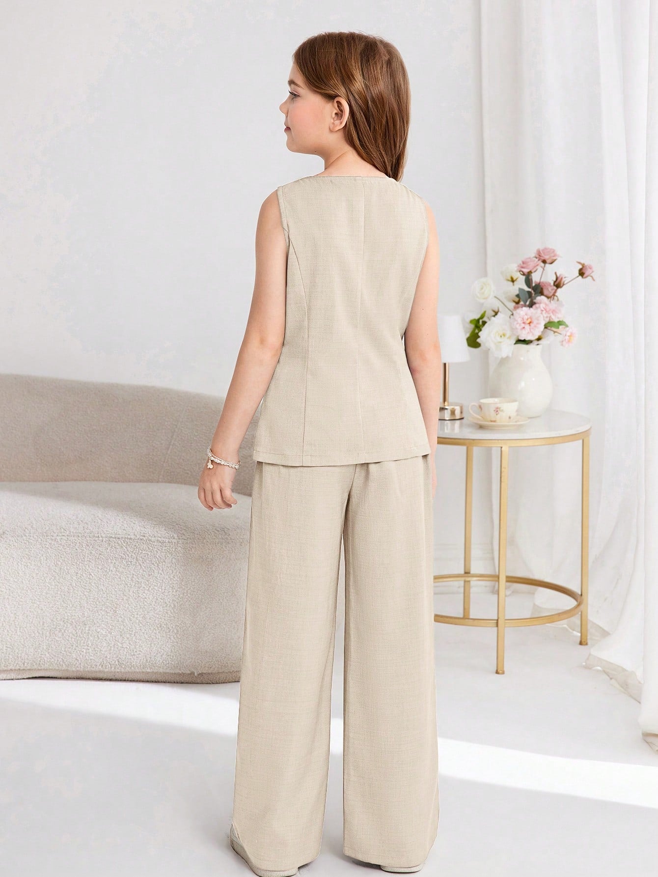 Striped Cropped Round Neck Sleeveless Button Front Vest Top And Straight Leg Pants