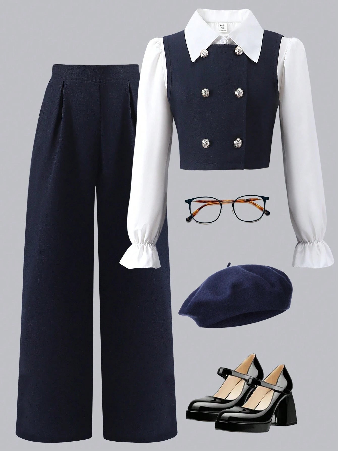 Tween Girl Flare Sleeve Collared Shirt + Cardigan Vest + Pants Navy Blue