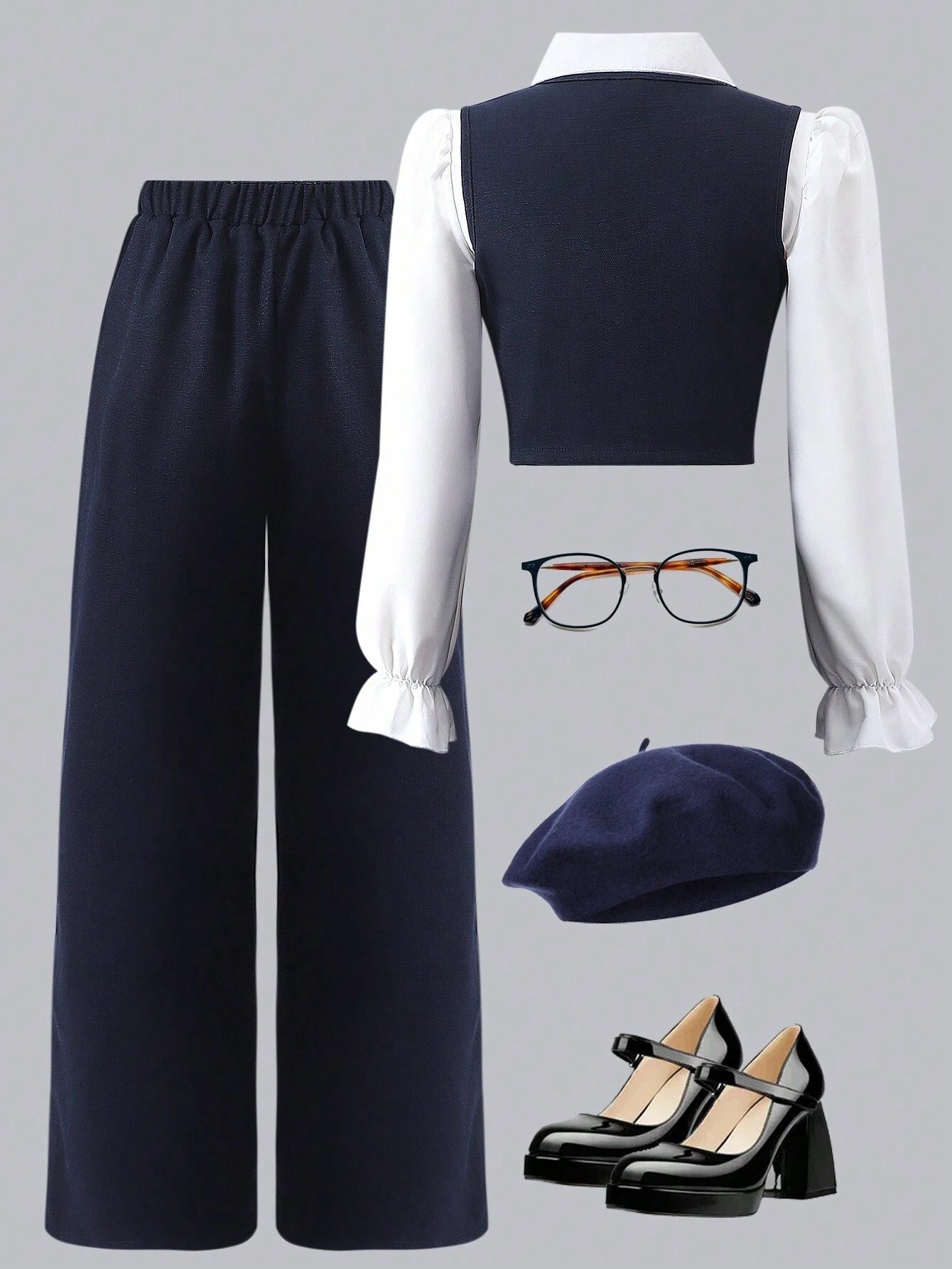 Tween Girl Flare Sleeve Collared Shirt + Cardigan Vest + Pants