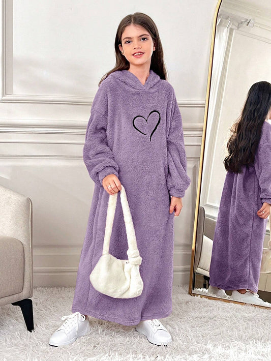 Tween Girls Oversized Casual Knit Double Plush Heart Embroidery Hooded Long Sweatshirt Purple