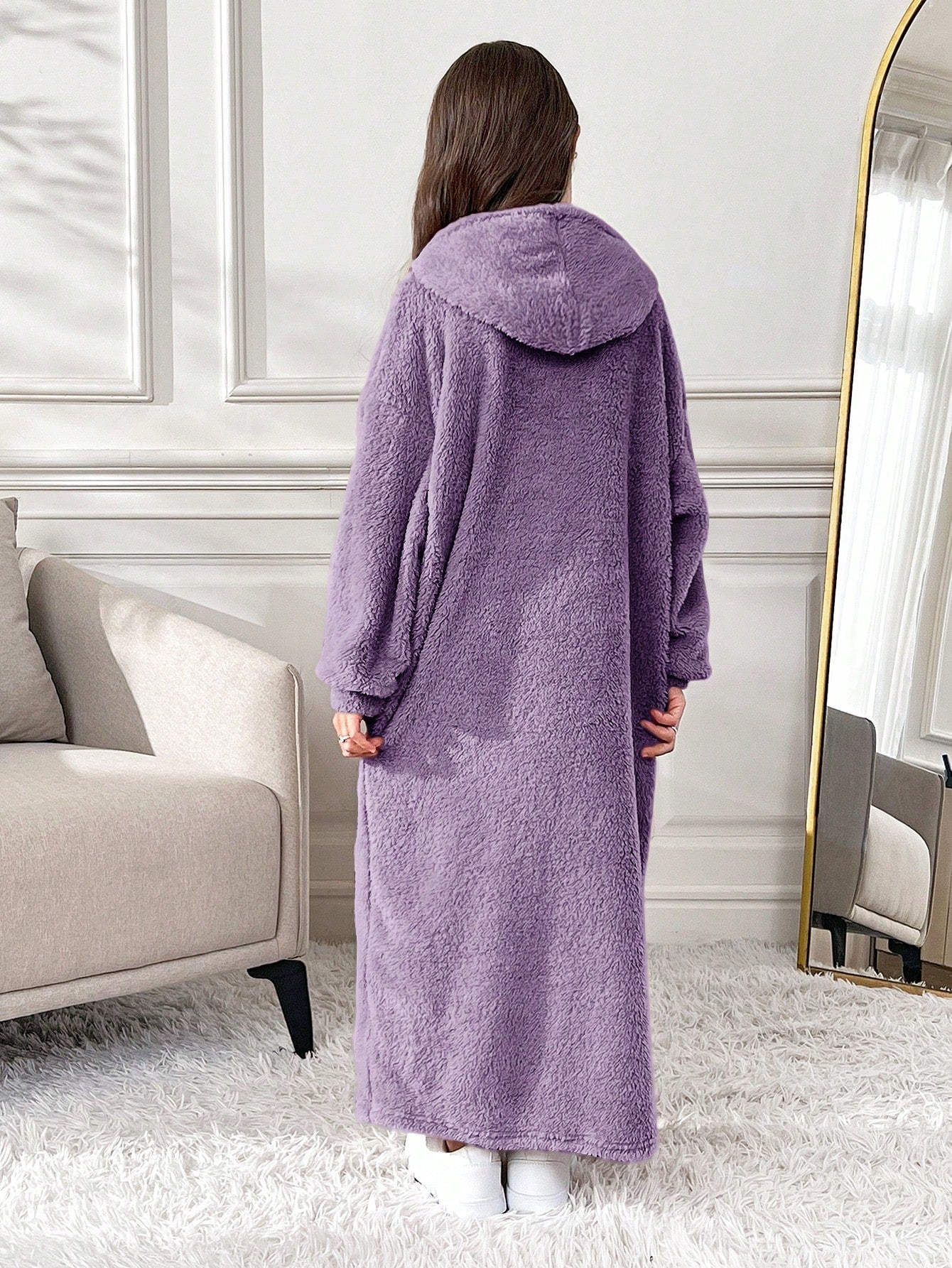Tween Girls Oversized Casual Knit Double Plush Heart Embroidery Hooded Long Sweatshirt