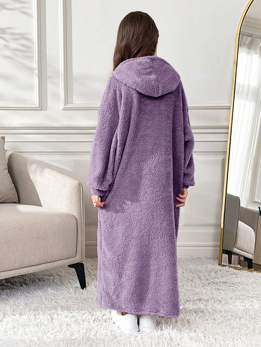 Tween Girls Oversized Casual Knit Double Plush Heart Embroidery Hooded Long Sweatshirt