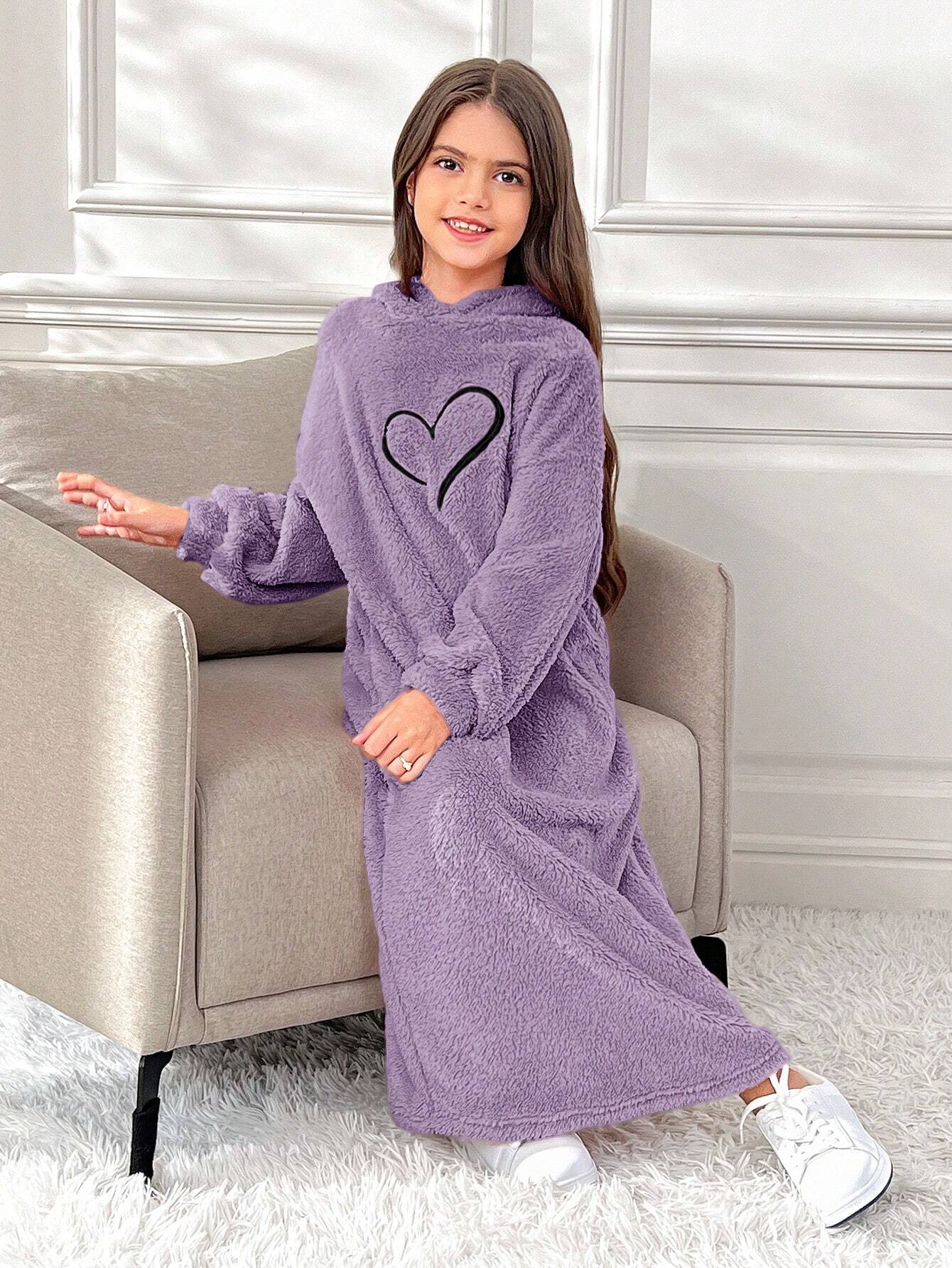 Tween Girls Oversized Casual Knit Double Plush Heart Embroidery Hooded Long Sweatshirt