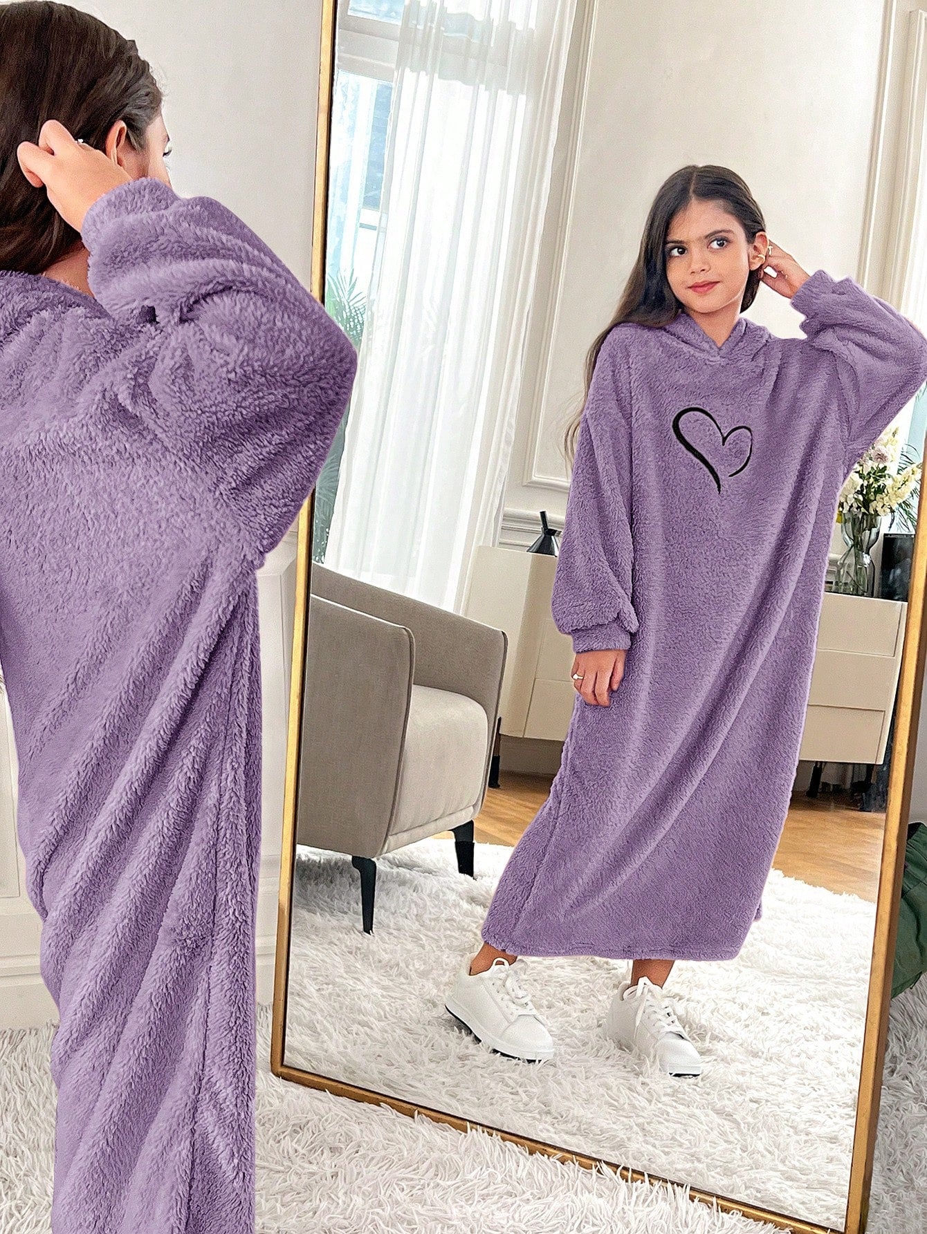 Tween Girls Oversized Casual Knit Double Plush Heart Embroidery Hooded Long Sweatshirt