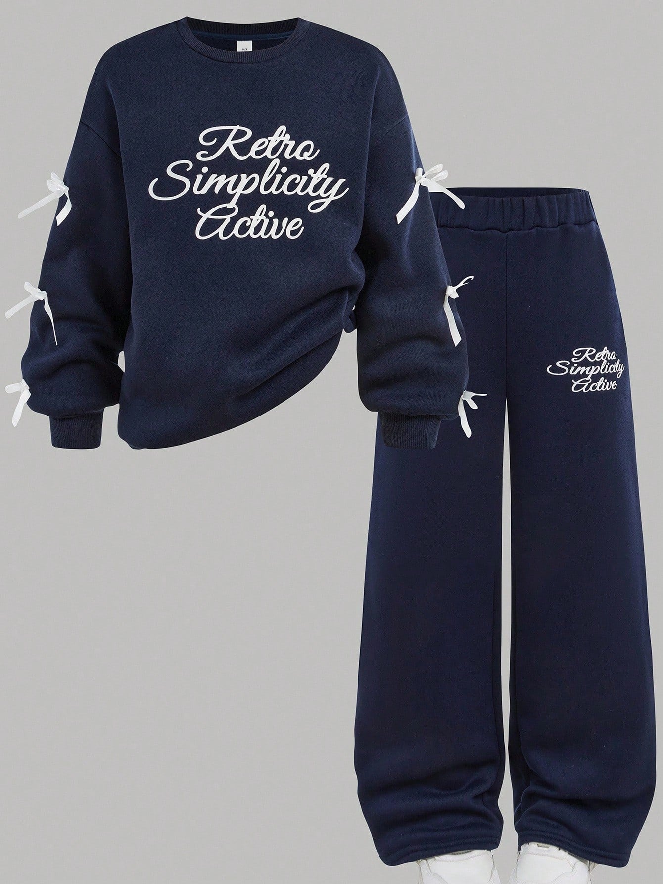 Tween Girl Loose Casual Minimalist Comfortable Crew Neck Sweatshirt And Pants Navy Blue