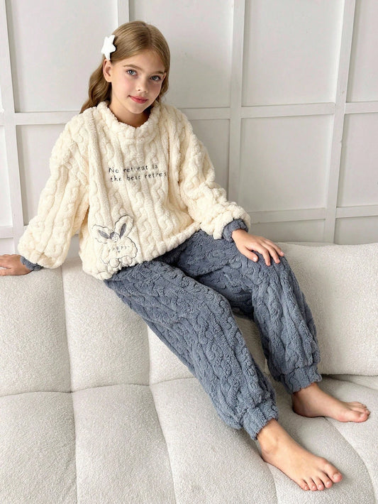 Tween Girls Rabbit Embroidery Fleece Lined Crew Neck Long Sleeve Top And Pants Blue & White
