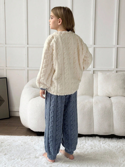 Tween Girls Rabbit Embroidery Fleece Lined Crew Neck Long Sleeve Top And Pants