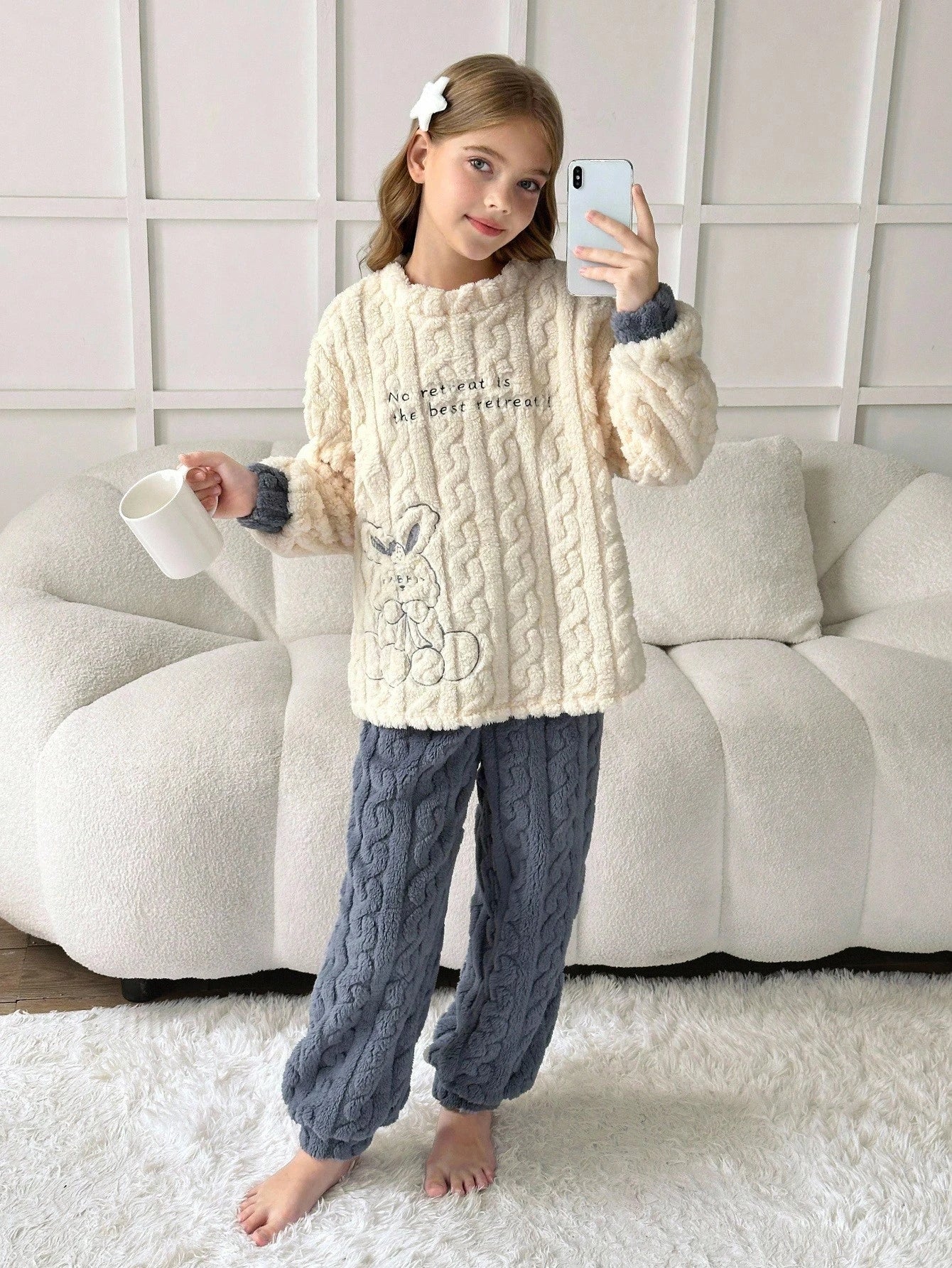 Tween Girls Rabbit Embroidery Fleece Lined Crew Neck Long Sleeve Top And Pants