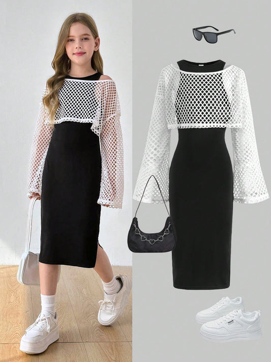 Tween Girls' Solid Color Knit Narrowed Shoulder Fitted Long Casual Dress + Loose Net Gauze Cover Up