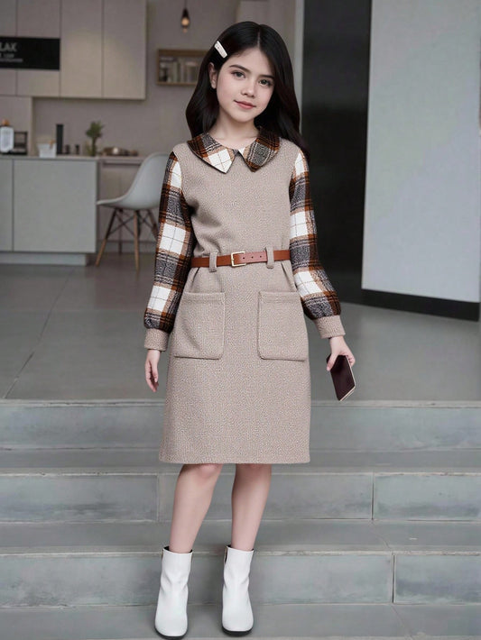 Tween Girls Solid Color & Plaid Patchwork Long Sleeve Dress Khaki