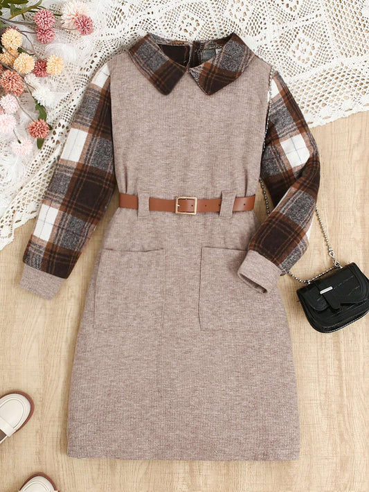 Tween Girls Solid Color & Plaid Patchwork Long Sleeve Dress