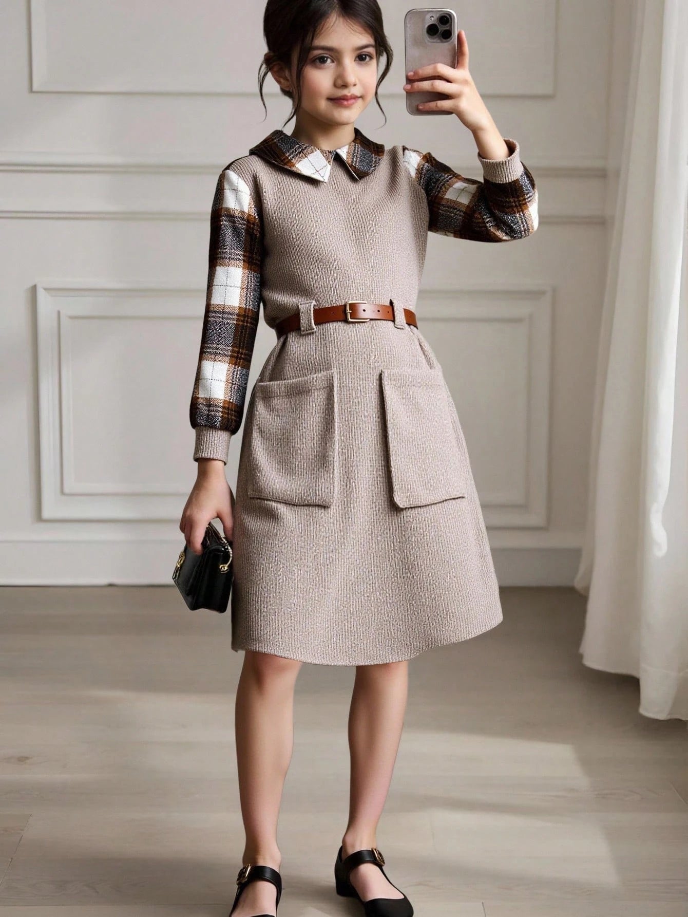 Tween Girls Solid Color & Plaid Patchwork Long Sleeve Dress