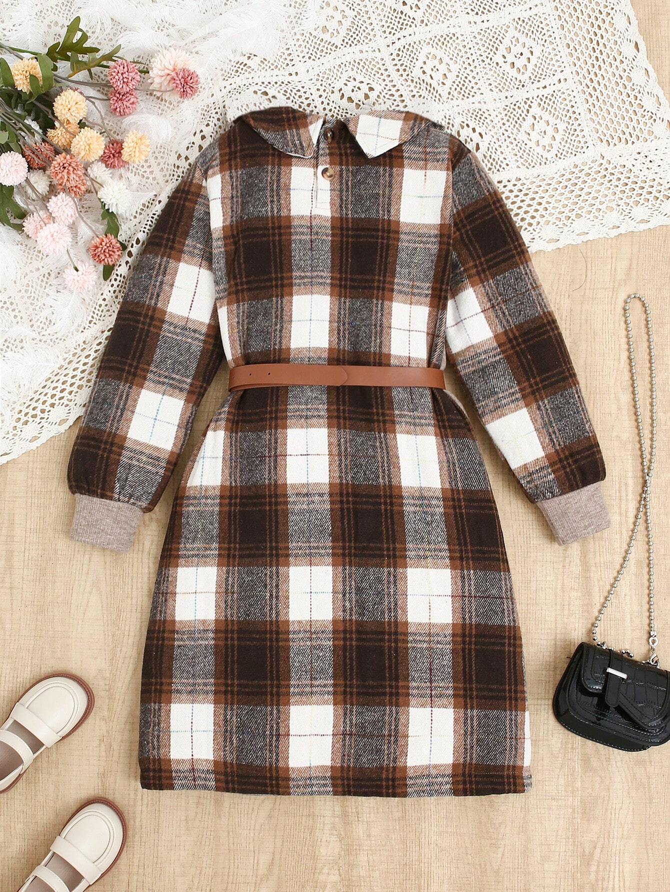 Tween Girls Solid Color & Plaid Patchwork Long Sleeve Dress