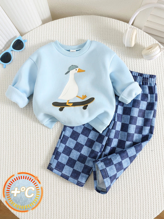 Thermal Lined Thickened Cute Goose Pattern Sweatshirt Set
