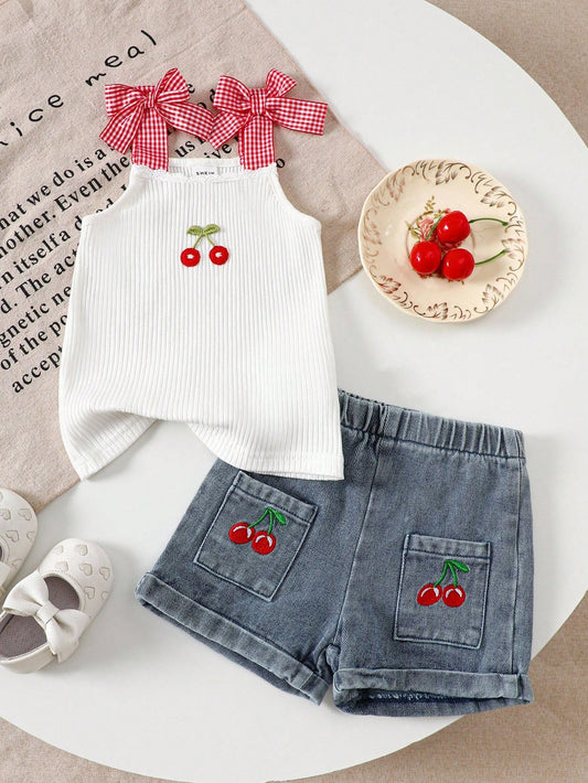 Baby Girl Set Cute And Fashionable Cherry Halter Top And Denim Shorts Set