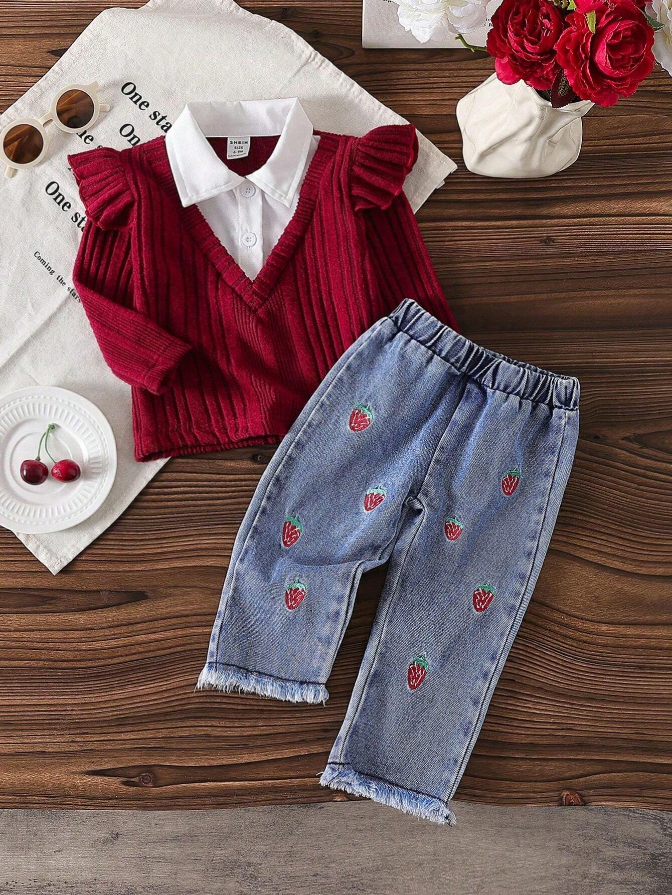 Baby Girls Faux 2 Pieces Outfit Red 2
