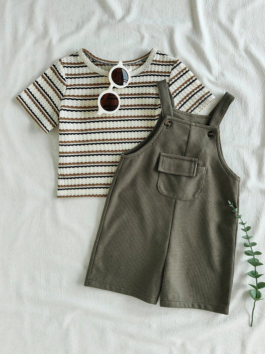 Baby Boy Casual Striped Short Sleeve Top And Bib Shorts Set