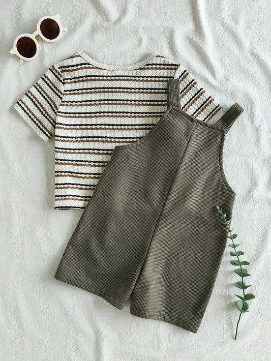 Baby Boy Casual Striped Short Sleeve Top And Bib Shorts Set