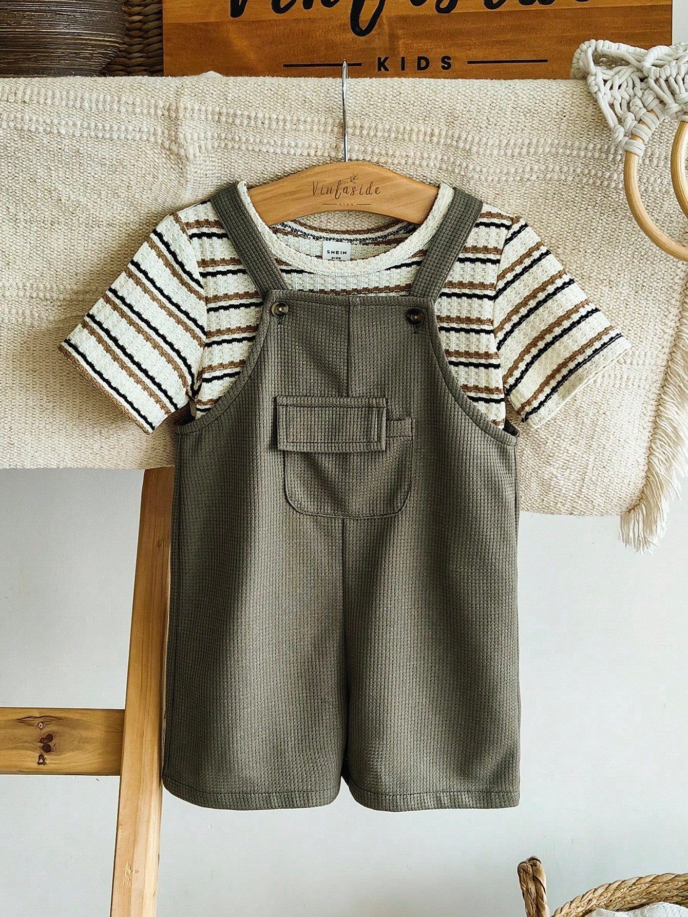 Baby Boy Casual Striped Short Sleeve Top And Bib Shorts Set