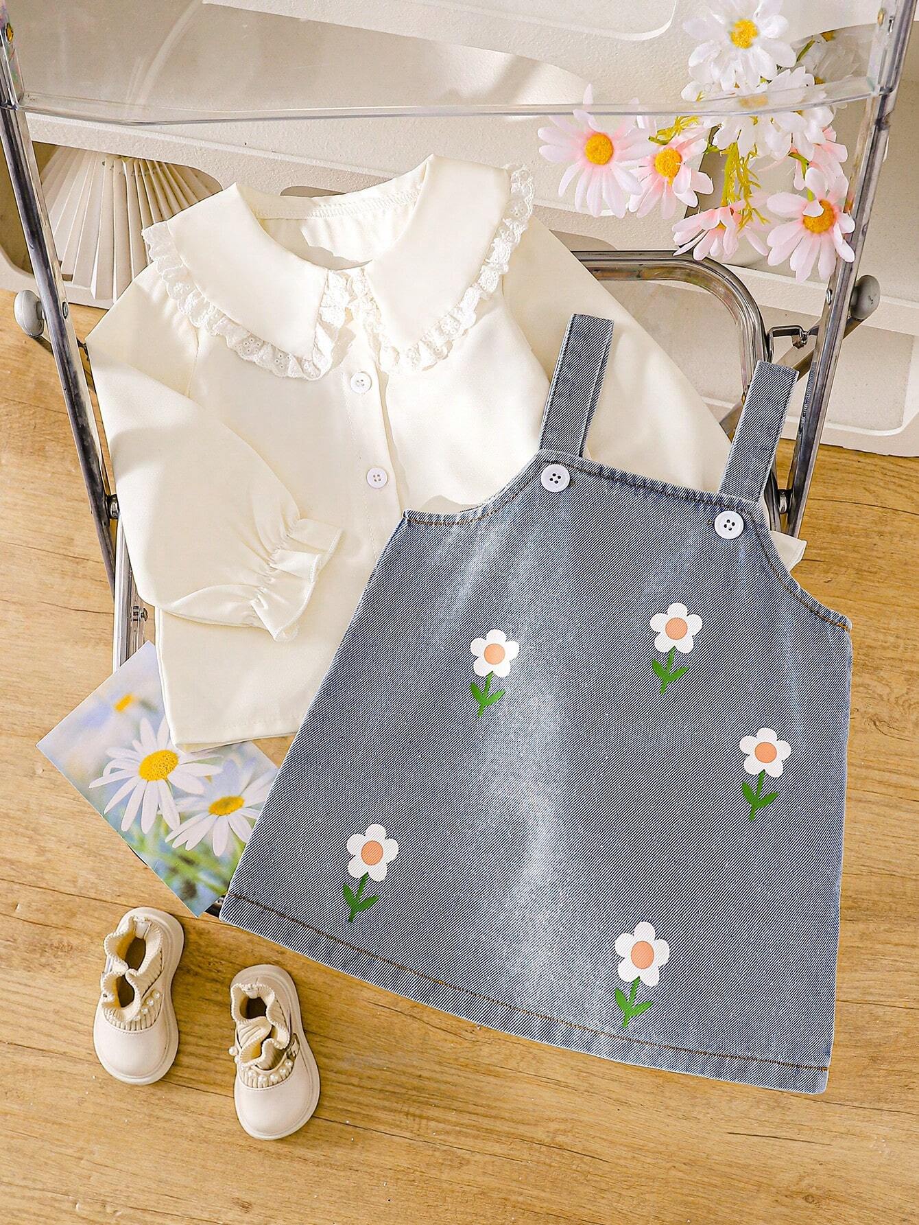 2pcs/Set Peter Pan Collar Blouse And Daisy Print Denim Skirt