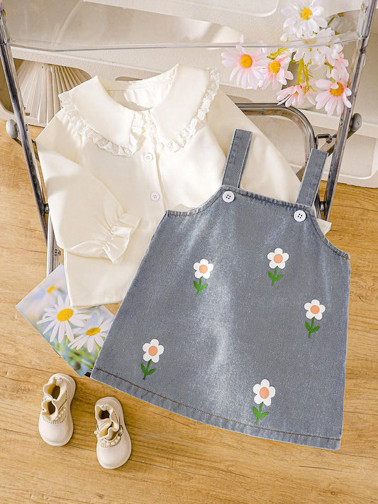 2pcs/Set Peter Pan Collar Blouse And Daisy Print Denim Skirt