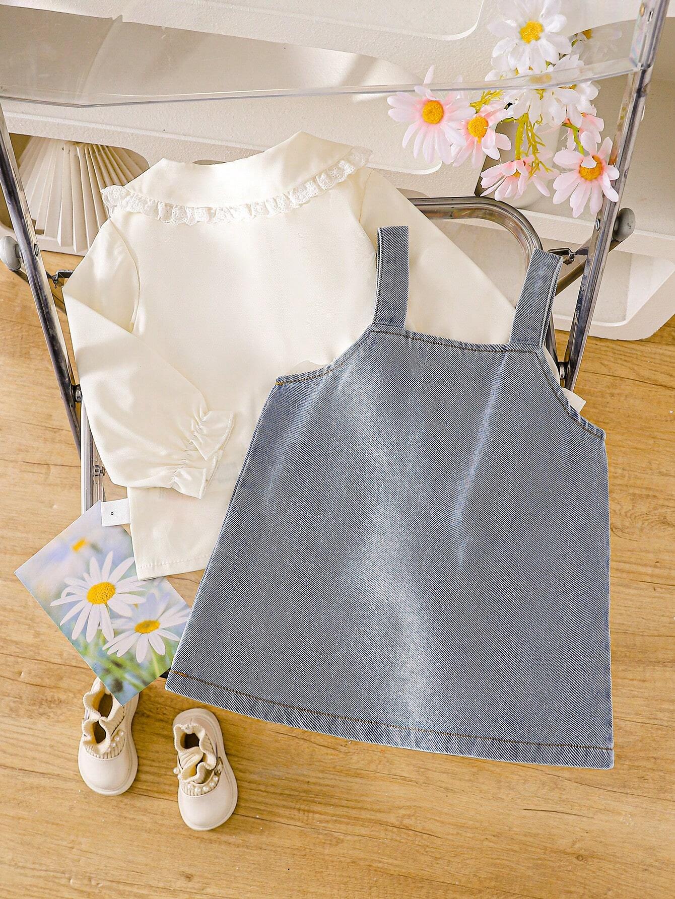 2pcs/Set Peter Pan Collar Blouse And Daisy Print Denim Skirt
