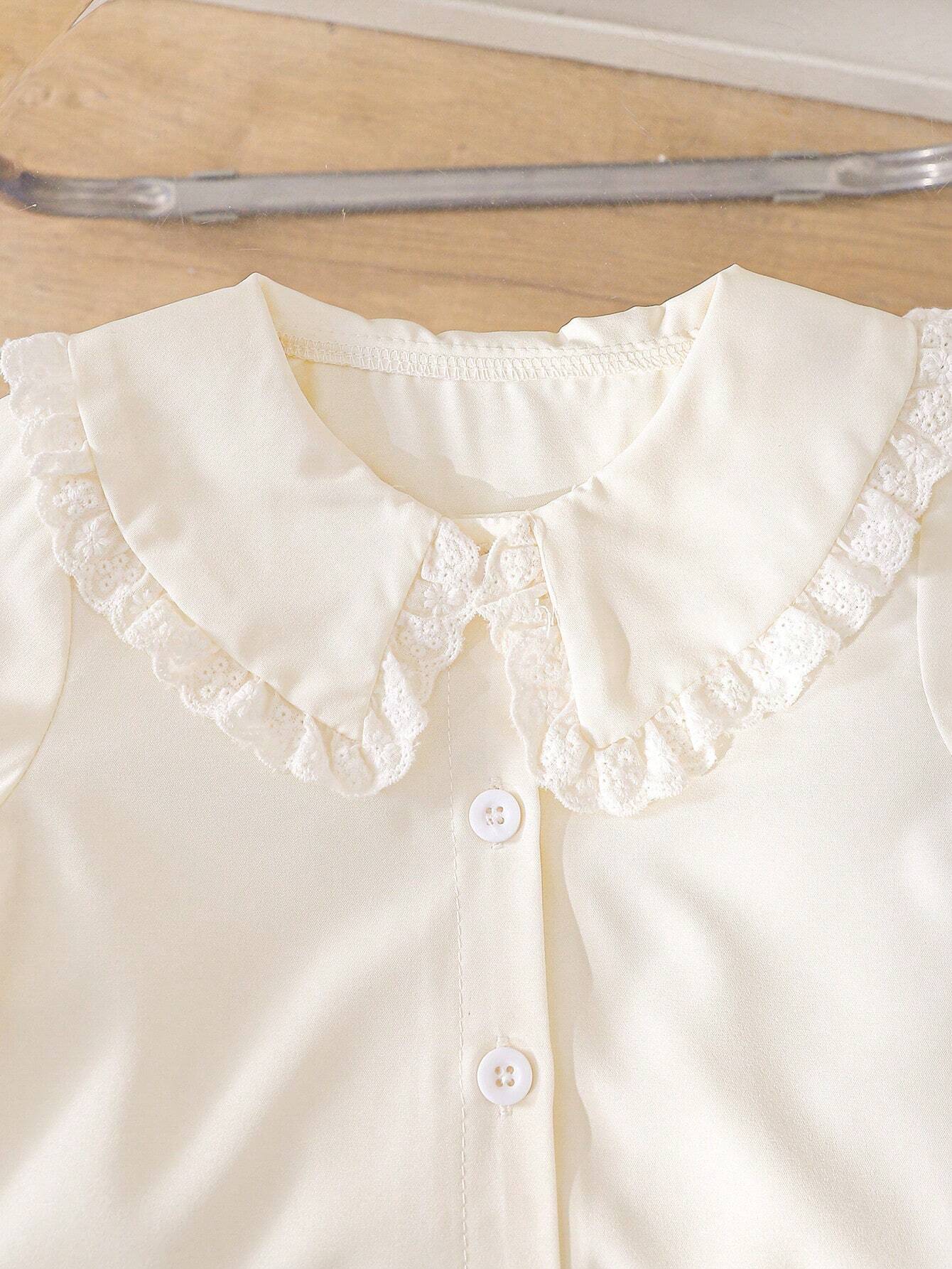 2pcs/Set Peter Pan Collar Blouse And Daisy Print Denim Skirt