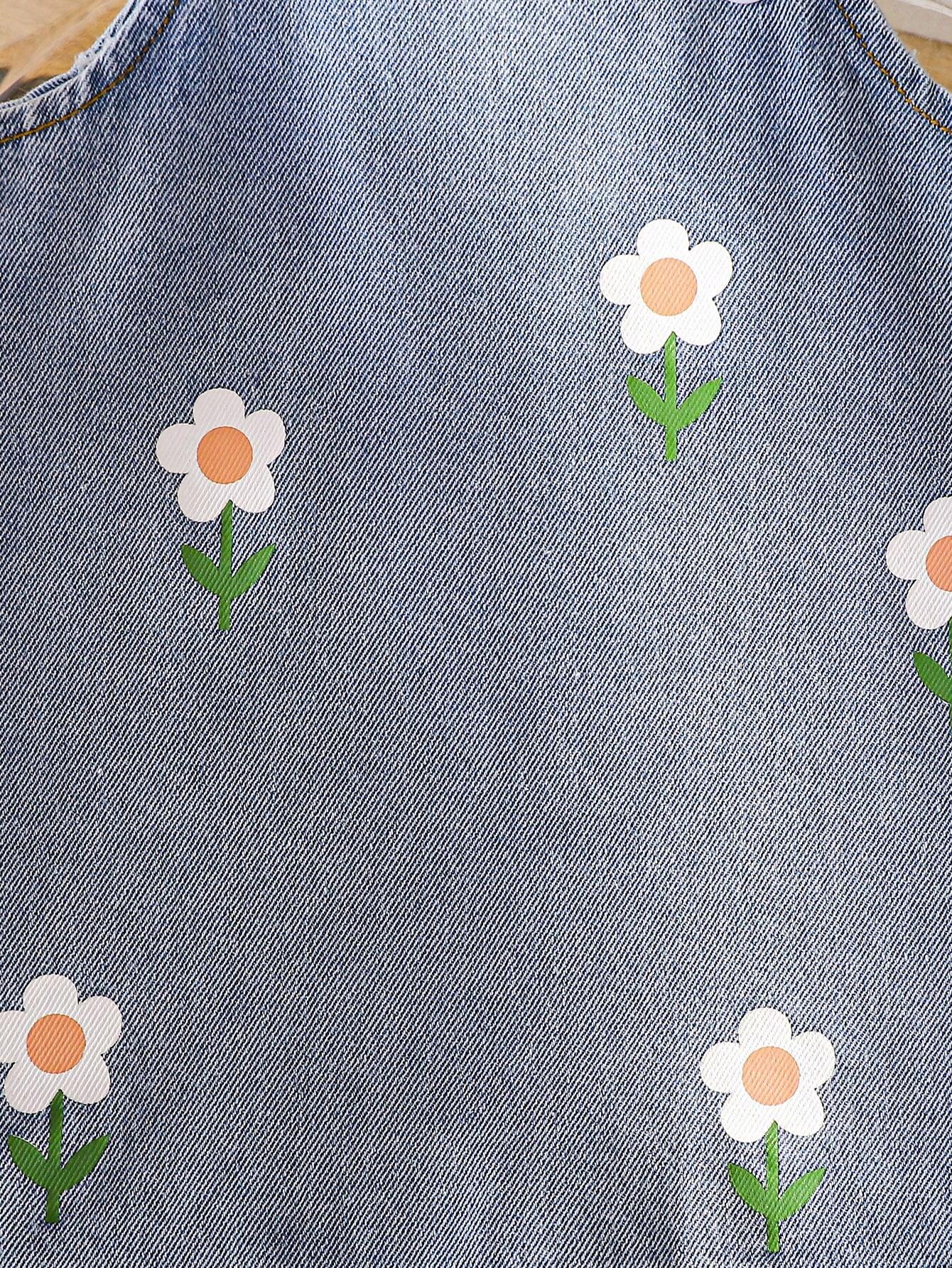 2pcs/Set Peter Pan Collar Blouse And Daisy Print Denim Skirt