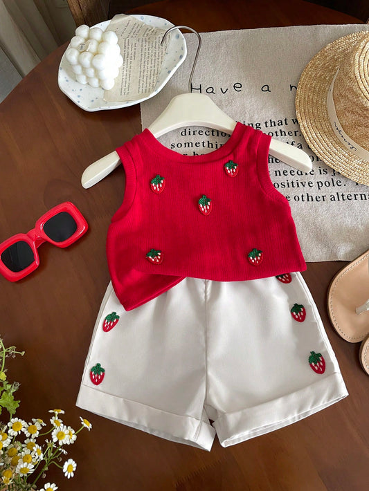 Casual Style Sleeveless Strawberry Decoration Top&Shorts