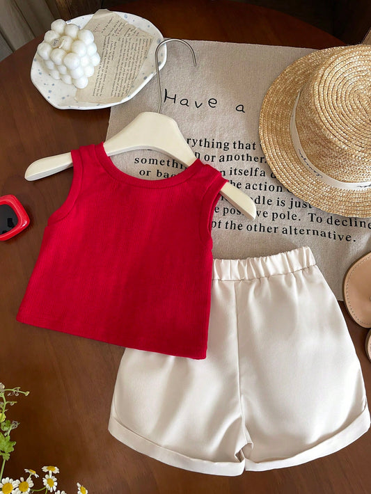Casual Style Sleeveless Strawberry Decoration Top&Shorts