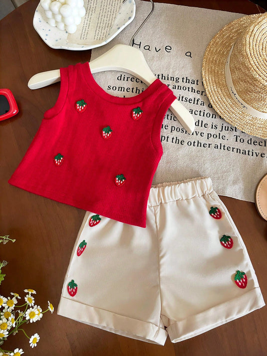 Baby Girl Sleeveless Strawberry Decoration Top &Shorts
