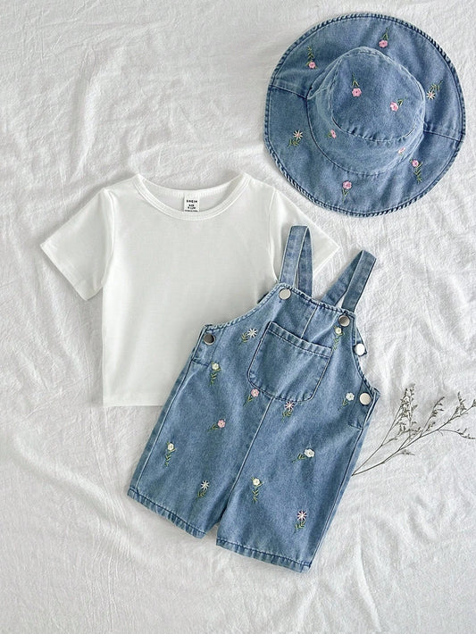 Mummy & Mee, Baby Girls Denim Look Fabric Jumpsuit With Embroidered Flower Decor, Pastoral Style 2-3Y