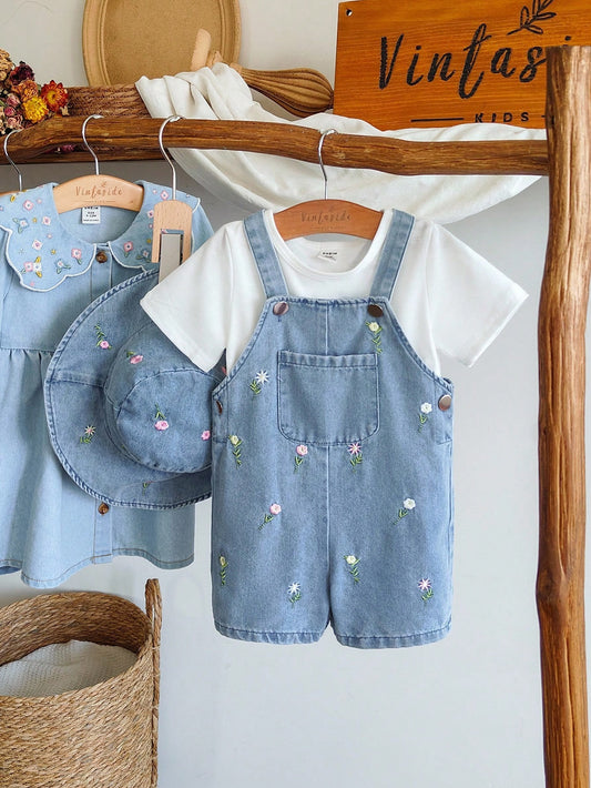 Mummy & Mee, Baby Girls Denim Look Fabric Jumpsuit With Embroidered Flower Decor, Pastoral Style