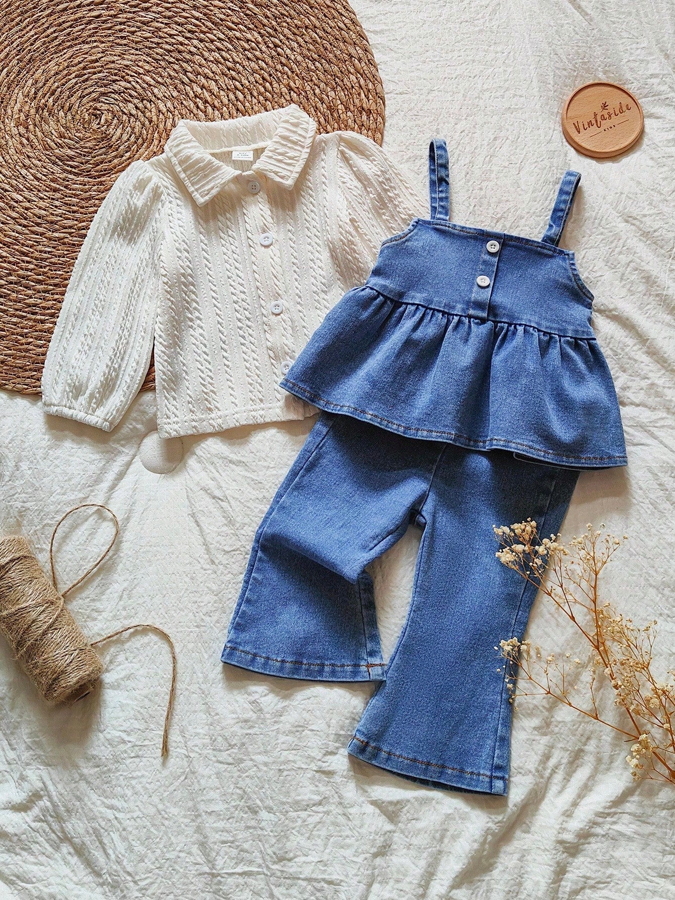 Sleeveless Denim Top&Long Sleeve Casuai Shirt &Long Jeans Multicolor