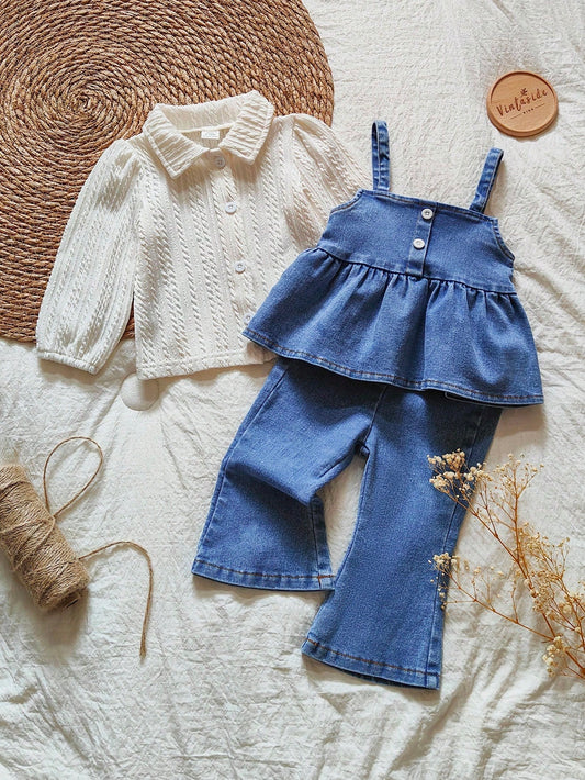Sleeveless Denim Top&Long Sleeve Casuai Shirt &Long Jeans Multicolor
