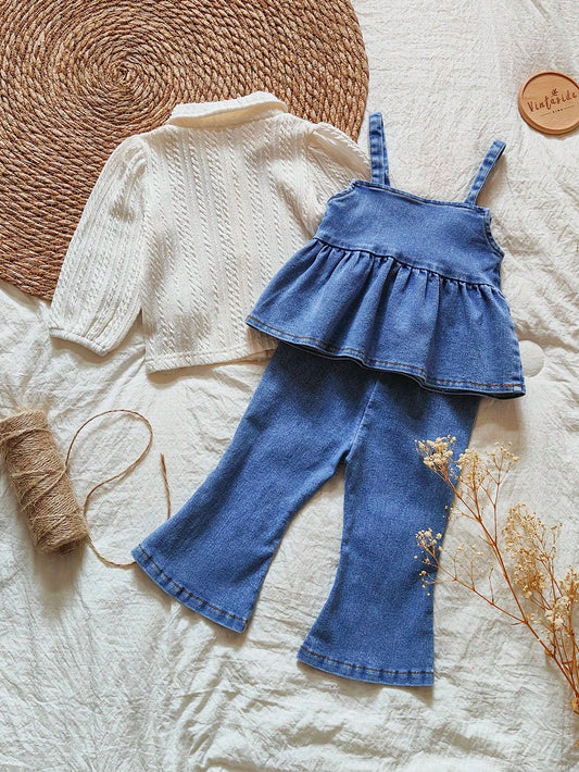 Sleeveless Denim Top&Long Sleeve Casuai Shirt &Long Jeans