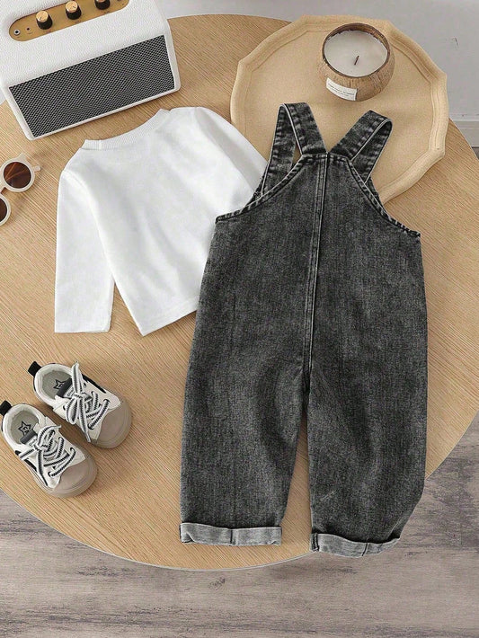 Denim Bib Pants And Solid Color Long Sleeve T-Shirt Set