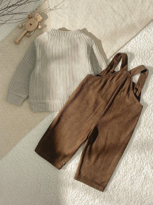 Baby Boy Cute Casual Classic Long Sleeve Teddy Bear Embroidery Sweater And Corduroy Overall